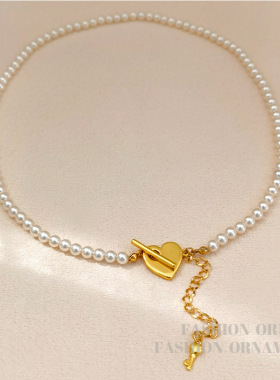 法式高亮珍珠爱心项链百搭