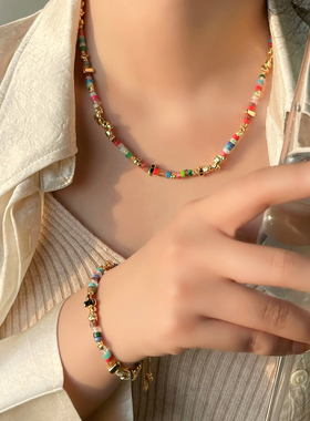 复古彩色石头串珠手项链气质
