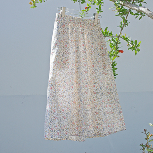 复古文艺纯棉麻印花半身裙女夏季 A字裙大摆裙子 松紧腰显瘦中长款