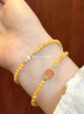 天然蜜蜡鸡油双圈女款黄色绿松石多宝南红手链双圈琥珀小米收藏级