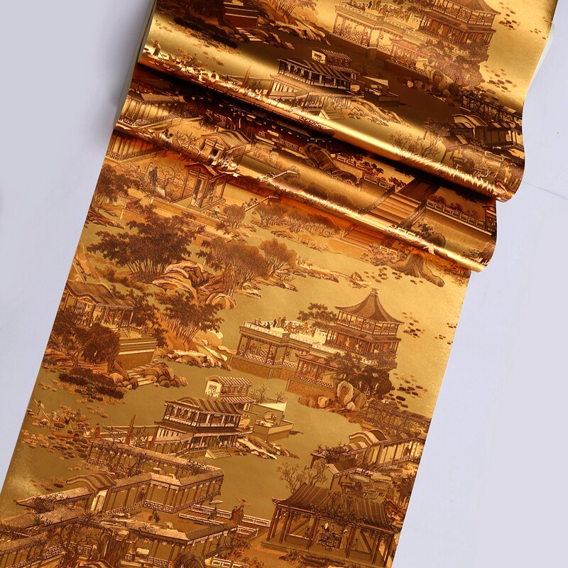 清明上河图3d金箔墙纸 客厅书房茶室背景墙 复古中式山水金色壁纸