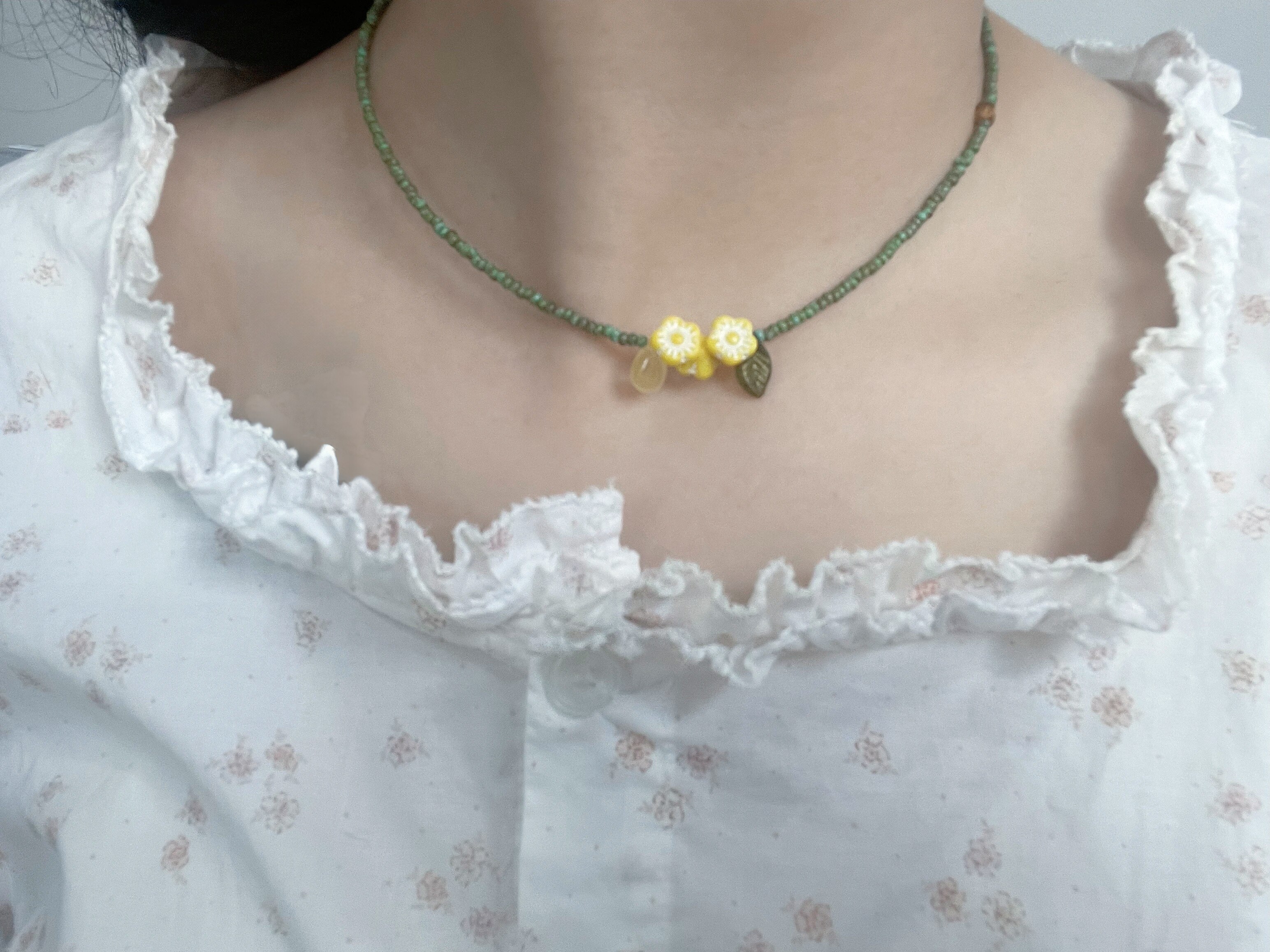 桂花季 锁骨链原创捷克琉璃花朵串珠项链小众vintage文艺森系图片