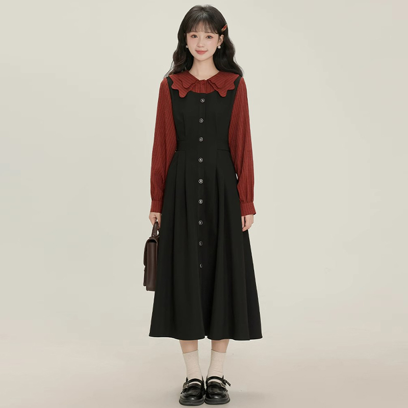 气质长裙子女2025秋季新款法式复古娃娃领假两件连衣裙D0434