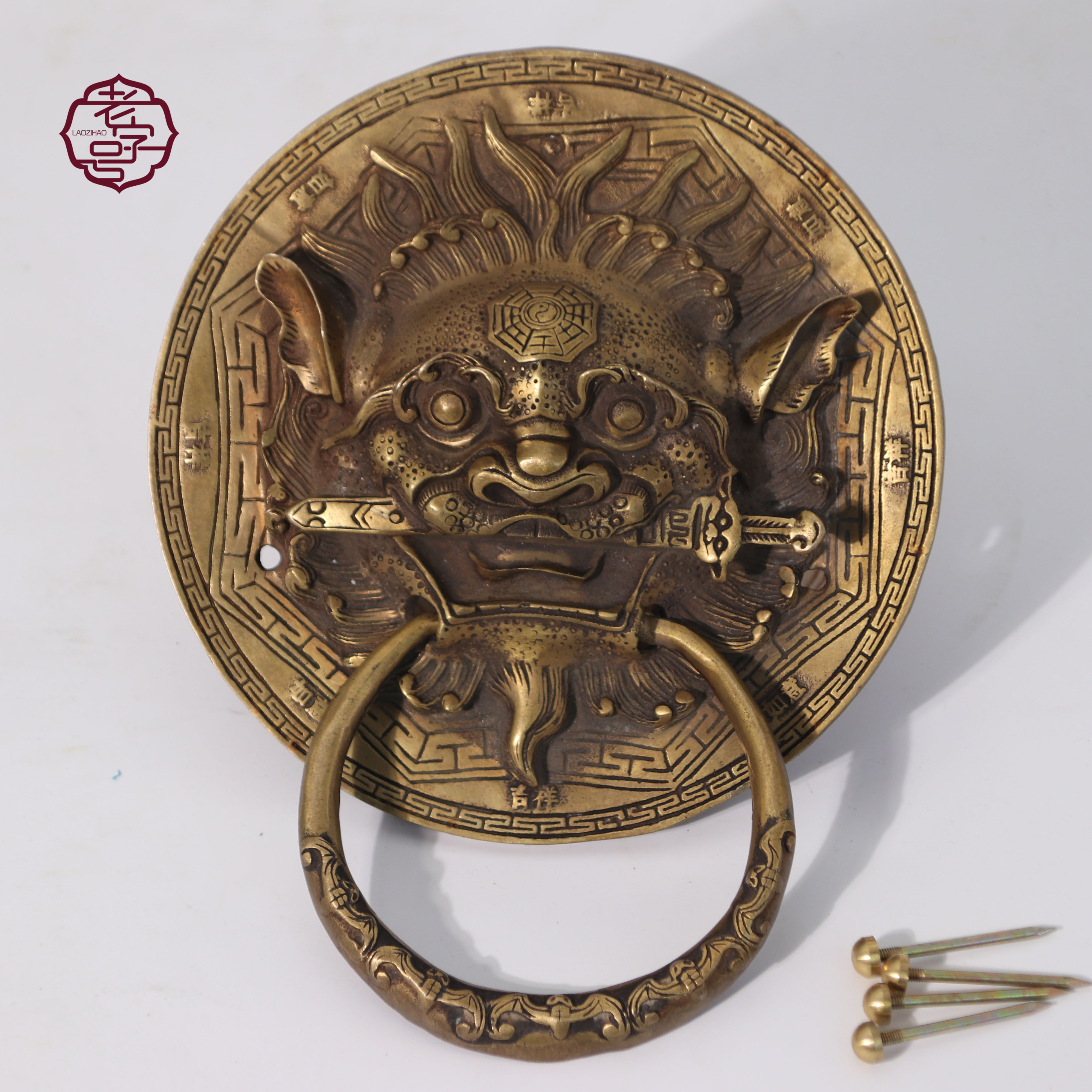 中式复古大门狮子头把手  铜睚眦狮咬剑木门环 铜兽头院门大拉手