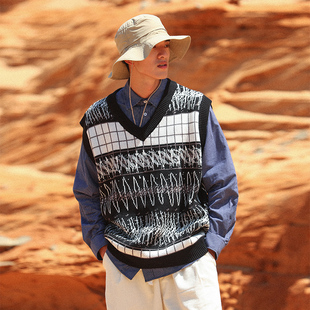 美式 复古不规则曲线提花V领毛衣马甲男女针织背心 22F HOVERAT