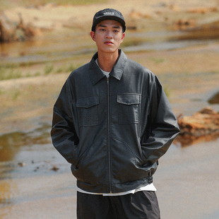 街头复古PU皮衣黑色翻领宽松拉链外套情侣机车夹克 HOVERAT 22F