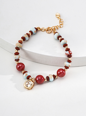 S925银镀18K金寿山石朱砂红石锆石手链轻奢时尚饰品