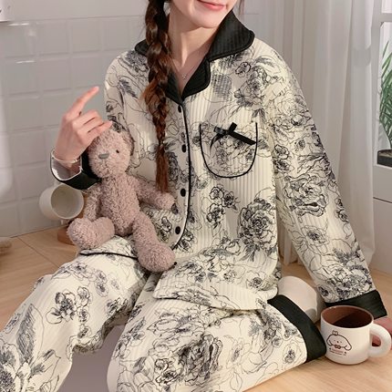 带胸垫空气棉月子服秋冬季纯棉产后孕妇睡衣哺乳加厚喂奶家居套装