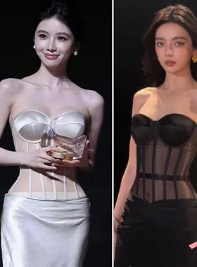 方圆同款抖音网红肤色名媛法式束腰塑身鱼骨网纱胸衣corset