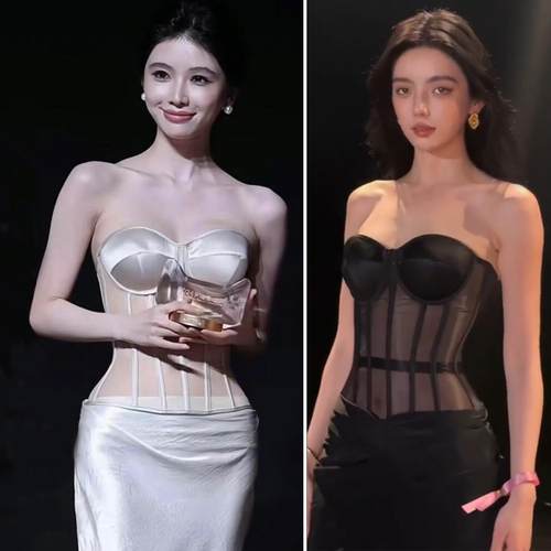 方圆同款肤色鱼骨网纱胸衣束腰