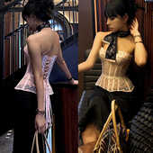 Lolita洛丽塔粉色波点网纱透视钢鱼骨胸衣辣妹纯欲抹胸上衣corset