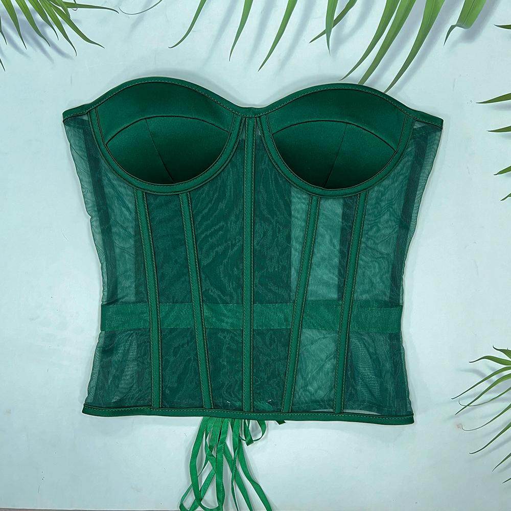 显白绿色复古法式内衣女性感美背文胸一体鱼骨胸衣外穿收腰corset