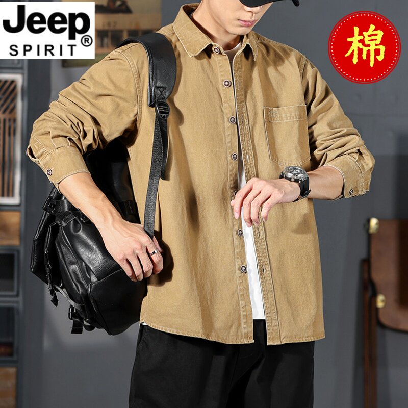 JEEP SPIRIT吉普男士工装长袖衬衫春秋新款纯棉翻领休闲衬衣外穿
