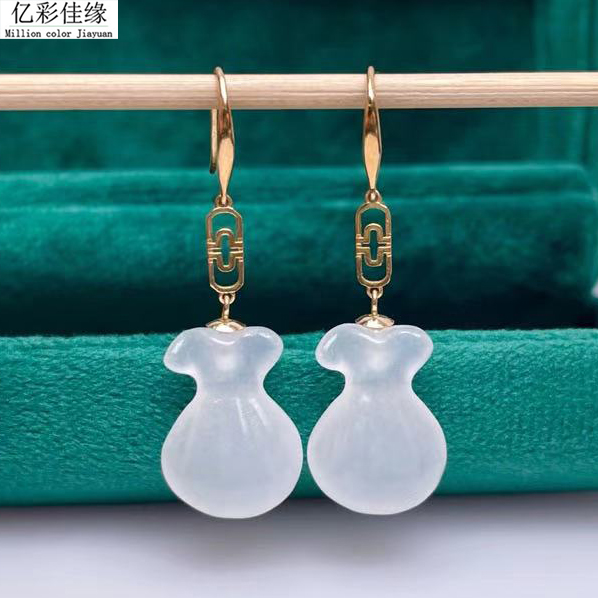 天然和田玉白玉耳坠 女民族风福袋钱袋耳环 18K黄金玫瑰金耳饰