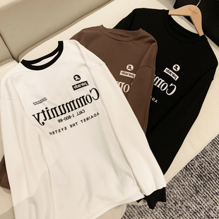 樊樊早安小众韩牌大版型宽松百搭刺绣磨毛T恤女秋冬休闲内搭上衣