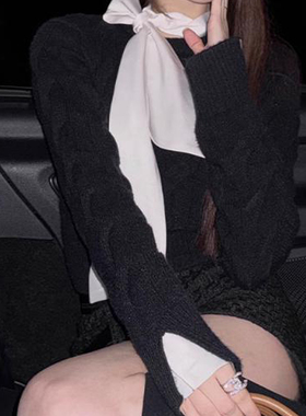 樊樊早安 假两件飘带袖口可拆卸针织衫女冬韩系气质复古套头毛衣