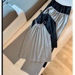 樊樊 早安「氧气裸感套装」垂软清凉挂脖背心上衣+抽绳休闲长裤女
