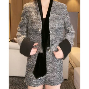 樊樊 亮丝粗纺呢料小香风长短款外套/高腰A字短裤女秋三件套