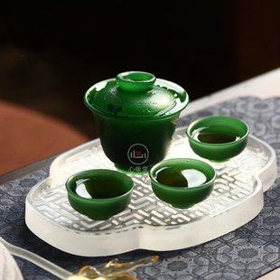 心缘堂琉璃茶器墨绿色玉见小盖碗茶杯功夫茶具单个泡茶碗110ml