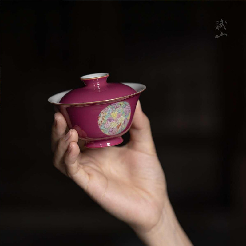 胭脂红万花盖碗景德镇手绘粉彩陶瓷茶具茶杯单泡茶碗100ml