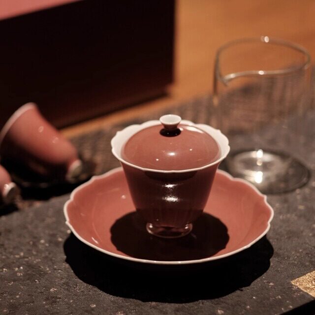 半斋豇豆红葵口玉兰盖碗景德镇陶瓷功夫茶具茶杯单个泡茶碗120ml