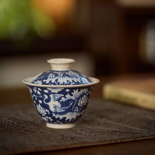 霖松堂手绘青花一路连科小号盖碗景德镇陶瓷茶具单个泡茶碗100ml