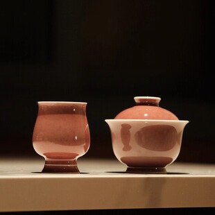 半斋豇豆红元宝盖碗景德镇陶瓷功夫茶具高足茶杯单个泡茶碗120ml