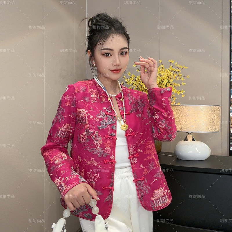 新中式洋气重工刺绣外套女圆领盘上衣