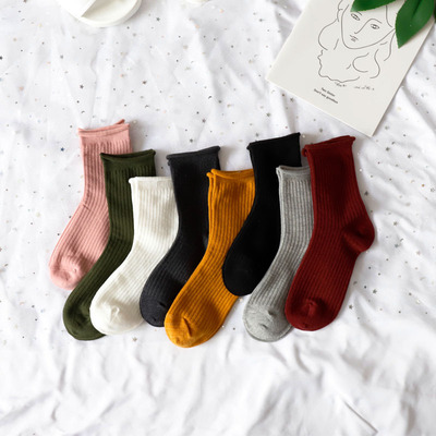春秋韩国纯色卷边袜子时尚潮ins