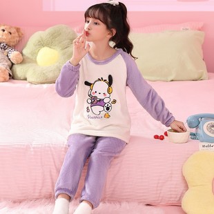 Pochacco女童法兰绒睡衣2023秋冬帕恰狗珊瑚绒加厚套装家居服圆领