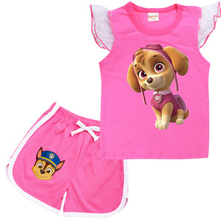 汪汪队天天阿奇女童小飞袖短裤套装洋气上衣T恤PAW Patrol 出游夏