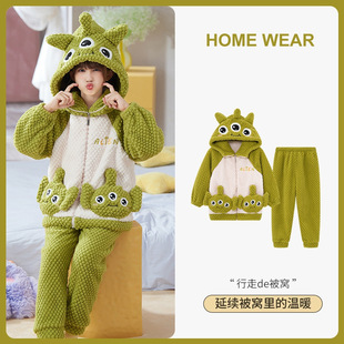 三眼仔儿童法兰绒睡衣2023秋冬珊瑚绒卡通拉链套装大童加厚家居服