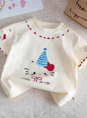 hellokitty女童纯棉洋气T恤2022夏 凯蒂猫宝宝卡通打底衫圆领短袖