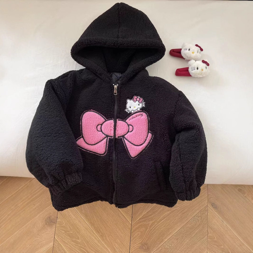 HelloKitty女童加厚摇粒绒毛毛外套黑色大童秋冬保暖棉服连帽2025