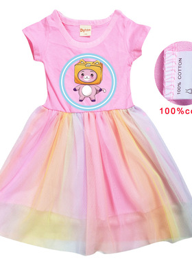 lankybox女童夏季连衣裙纸盒小人纯棉短袖网纱裙中小童公主百褶裙