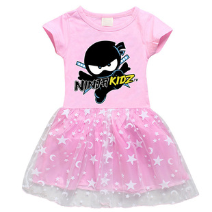 Ninja kidz忍者小子女孩短袖裙子2023夏季纯棉公主裙网纱连衣裙薄