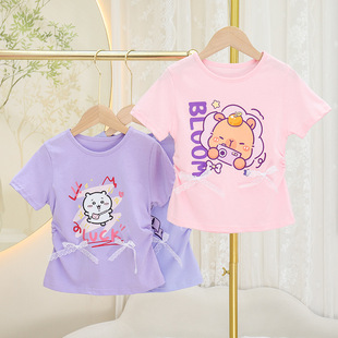 Capybara卡皮巴拉宝宝纯棉收腰短袖 2025夏季卡通T恤粉色圆领上衣