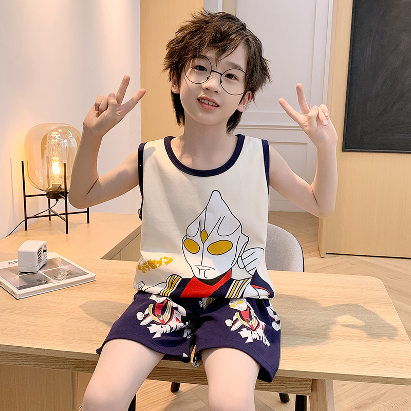奥特曼男童睡衣无袖背心T恤短裤纯棉 2023夏季大童薄款家居服卡通