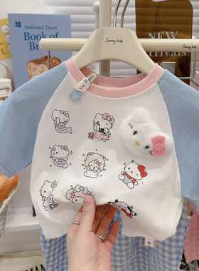 女童立体hellokitty短袖T恤 2025夏季卡通拼色纯棉印花洋气上衣薄