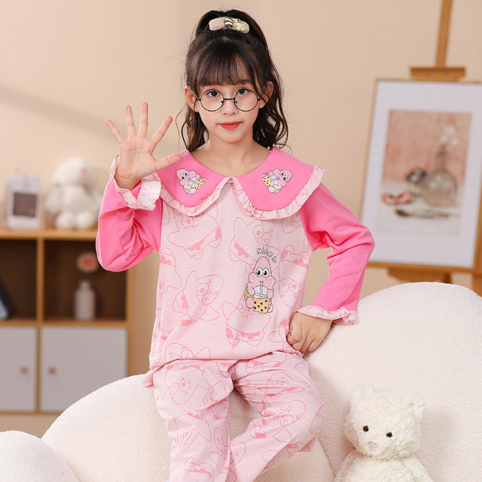 海绵宝宝儿童长袖睡衣精梳棉大童2023秋冬卡通娃娃领家居服套装薄