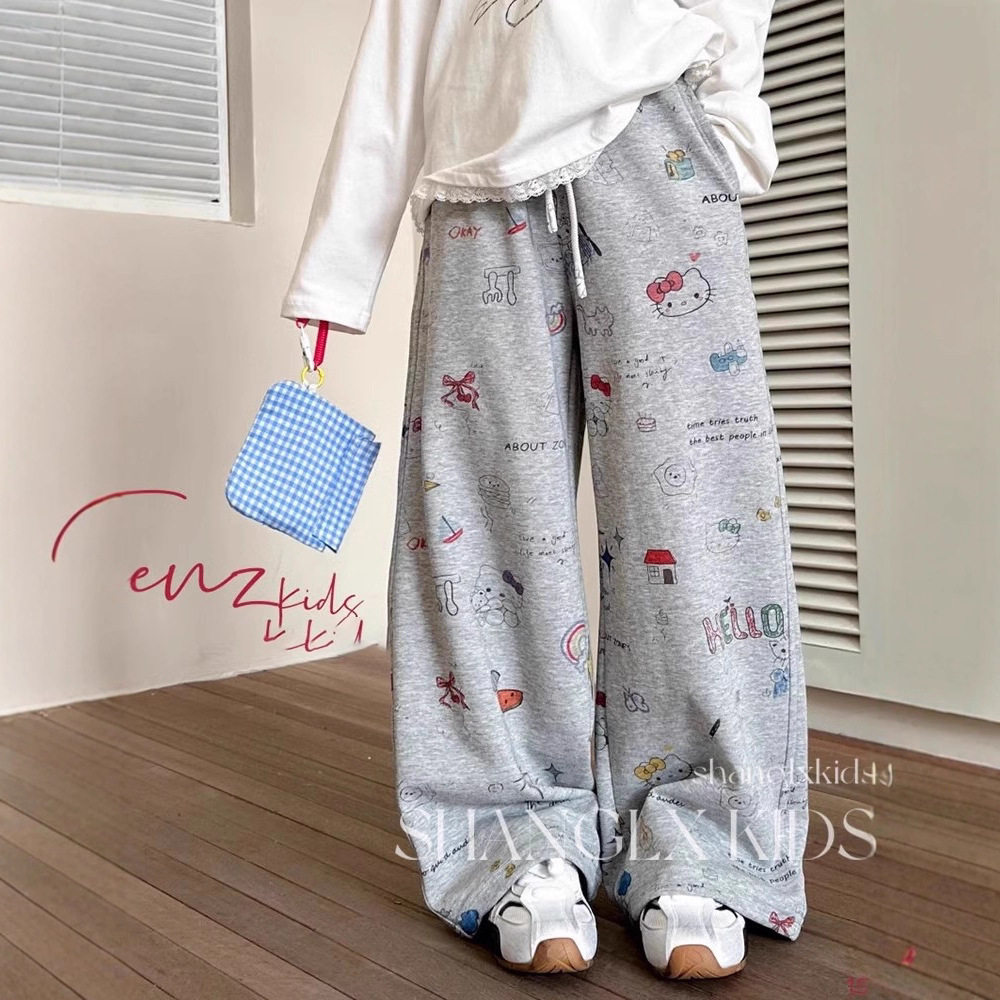 hellokitty灰色女童运动卫裤束脚抽绳中大童2025春夏款两穿阔腿裤
