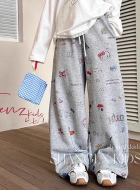 hellokitty灰色女童运动卫裤束脚抽绳中大童2025春夏款两穿阔腿裤