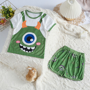 三眼仔儿童睡衣夏季短袖卡通男童提花家居服 T恤短裤空调服套装薄