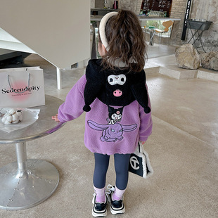 库洛米女童毛毛衣外套冬季2023kuromi小童洋气连帽紫色羊羔毛上衣