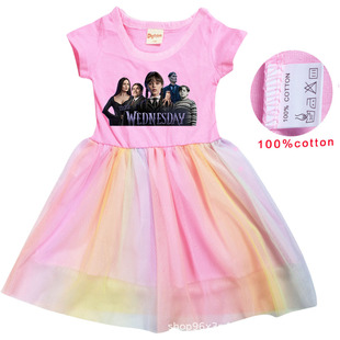 星期三亚当斯儿童裙子Wednesday Addams女童连衣裙纯棉短袖夏2023