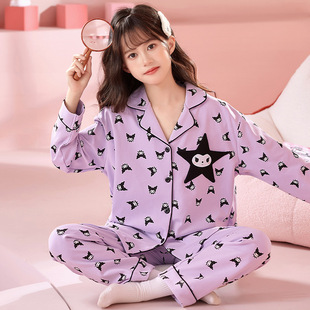 kuromi女童睡衣精梳棉长袖翻领大童春秋公主母女家居服2024美乐蒂
