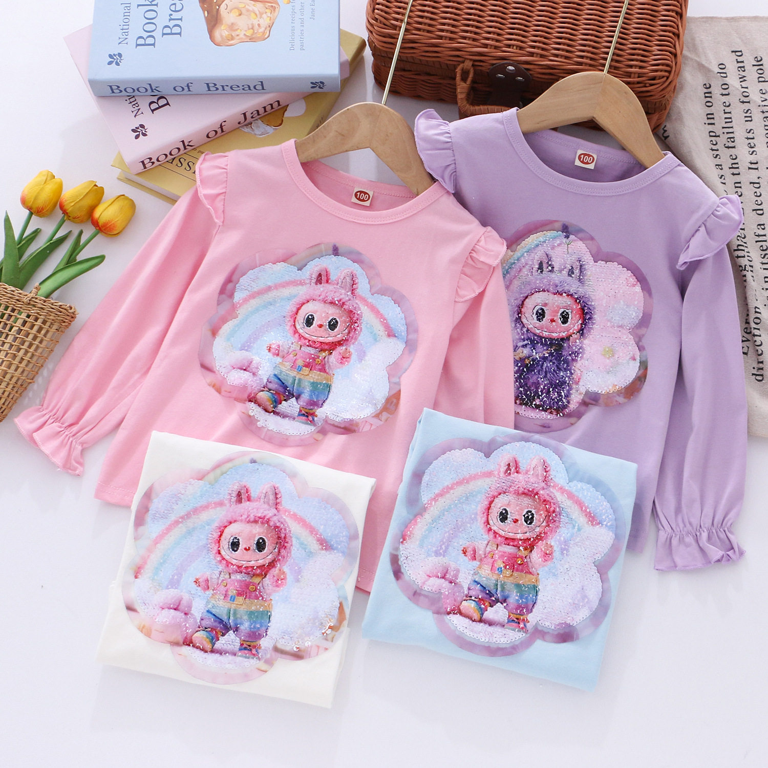 拉布布荷叶边长袖打底衫女童25秋冬亮片变脸图案小飞袖上衣labubu