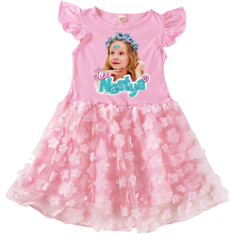 Like Nastya女童卡通公主花瓣连衣裙 2024夏小飞袖蓬蓬裙网纱裙薄
