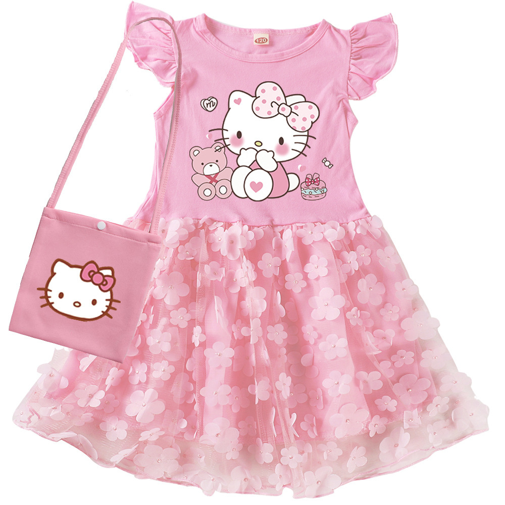 hellokitty裙子女童小飞袖公主裙2024夏季宝宝网纱裙花瓣连衣裙薄