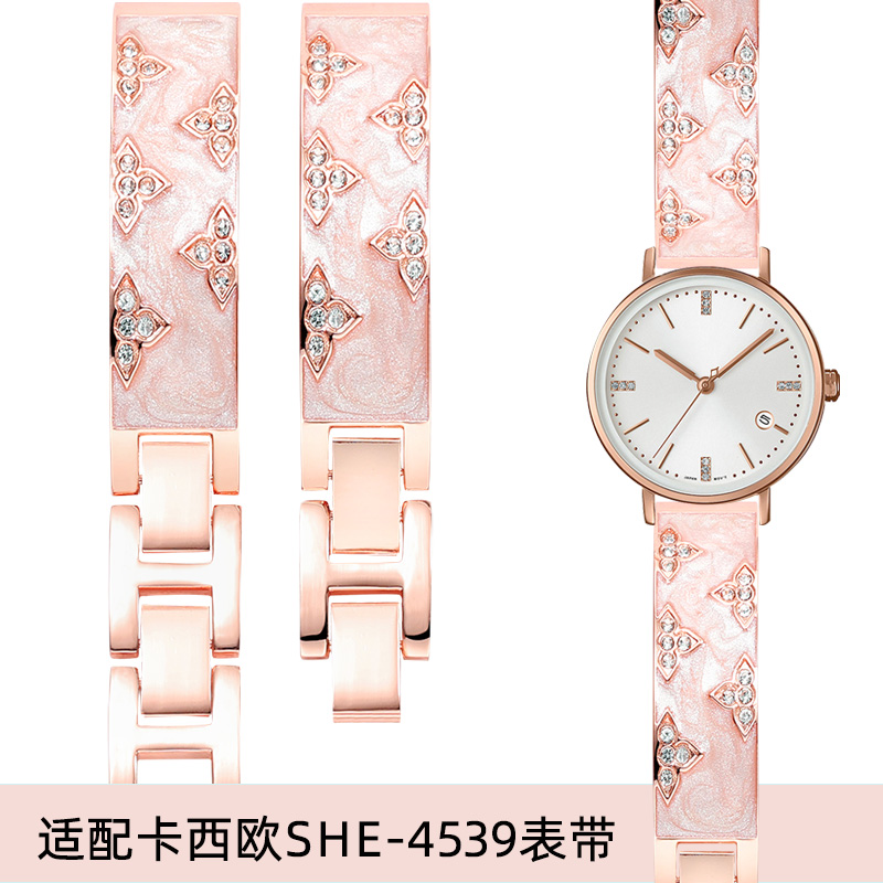 适配卡西欧sheen手表带钢带女SHE-4539/4048/LTPV007镶钻表链14mm